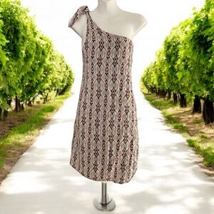 Free People pink tan one shoulder boho chic bohemian geometric print dress 10